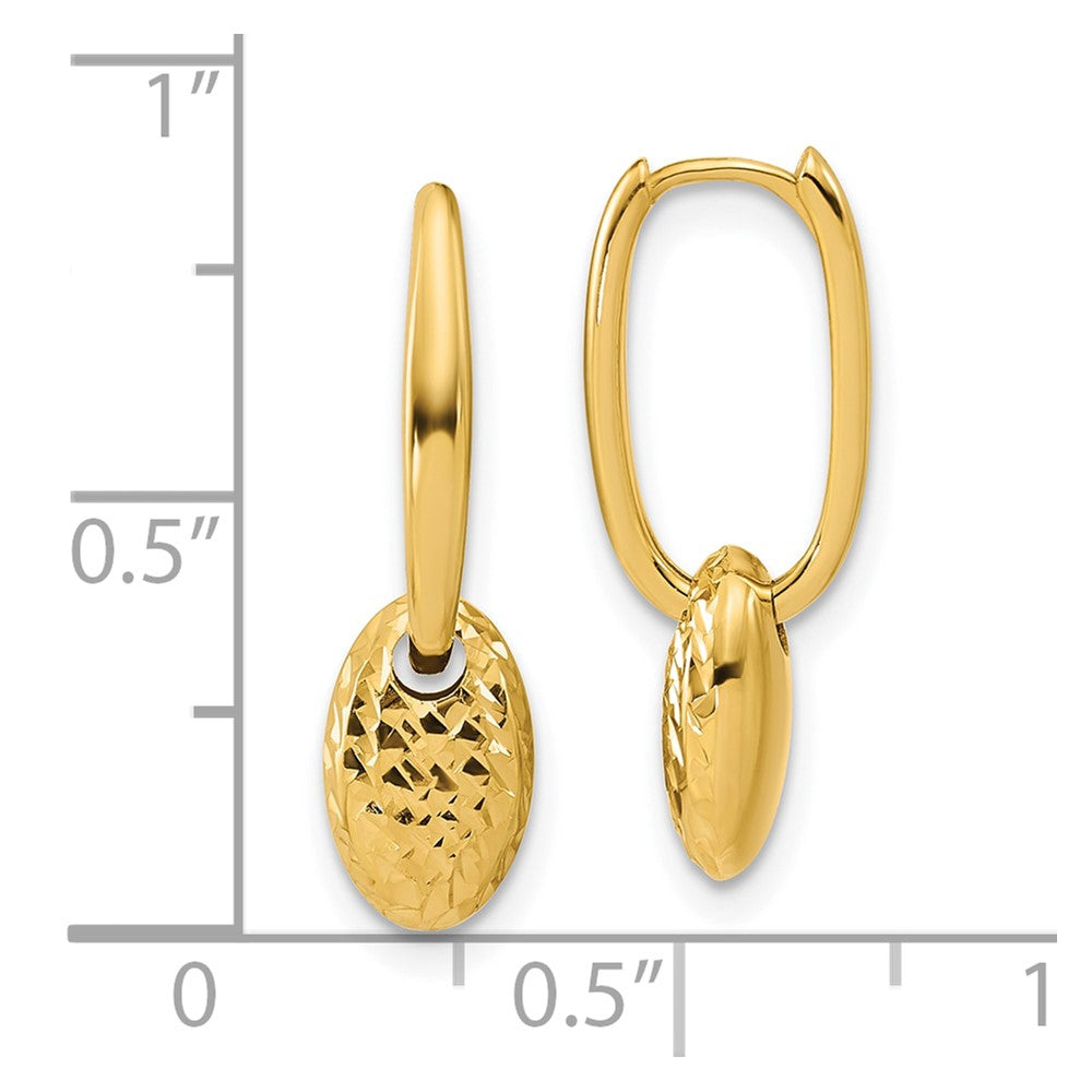14K Yellow Gold Polished / Dia Cut Oval Bead Hinged Hoop Earrings