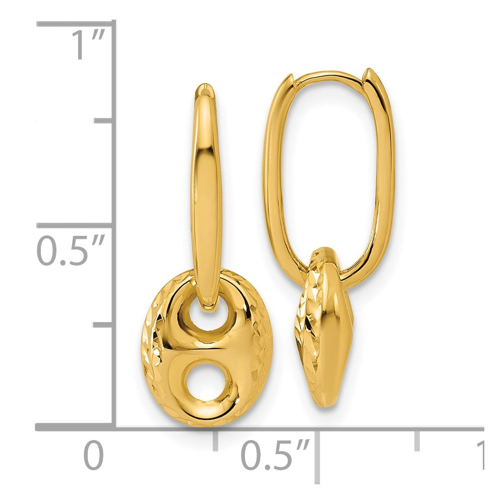 14K Yellow Gold Polished/Dia Cut Mariner Bead Hinged Hoop Earrings