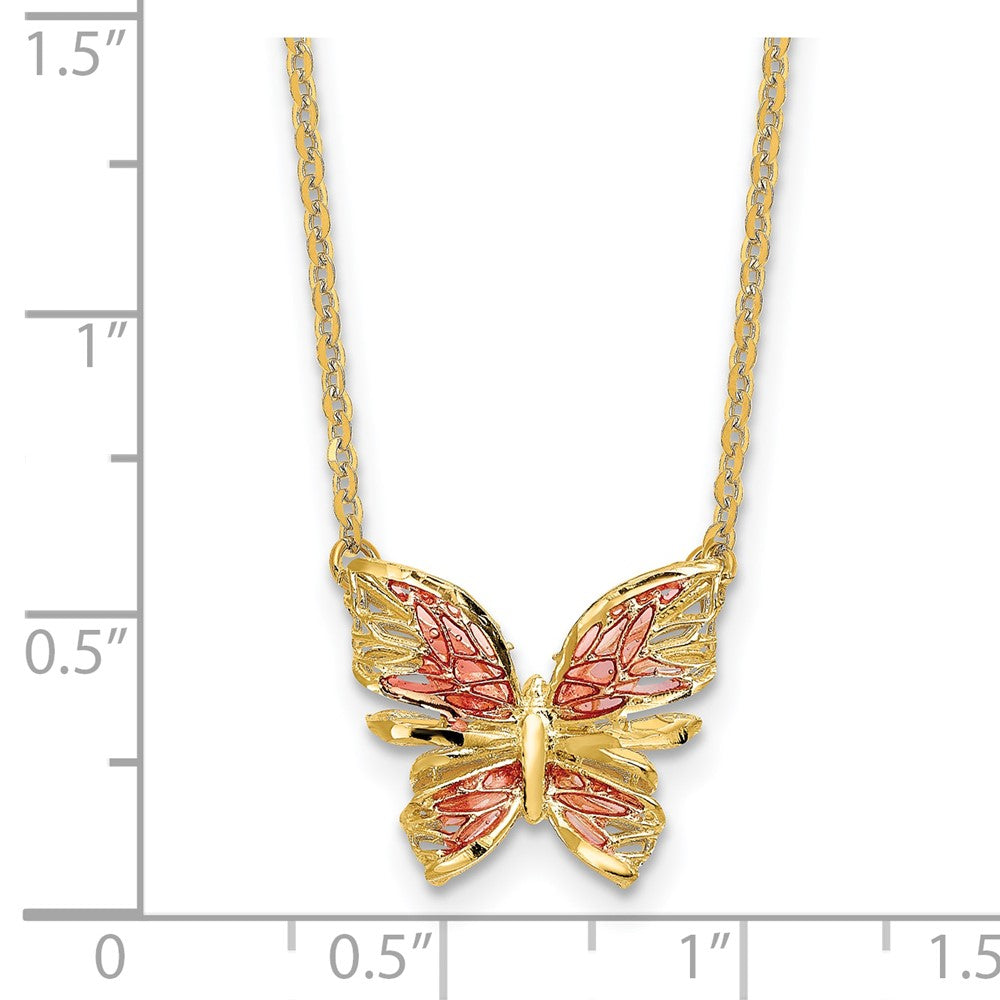 14K Yellow Gold Polished D/C W/ Pink Enamel Butterfly Necklace