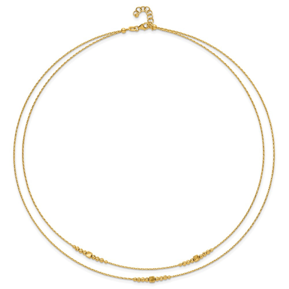 14K Yellow Gold Polished D/C Beaded 2 Strand W/ .75In Ext Necklace