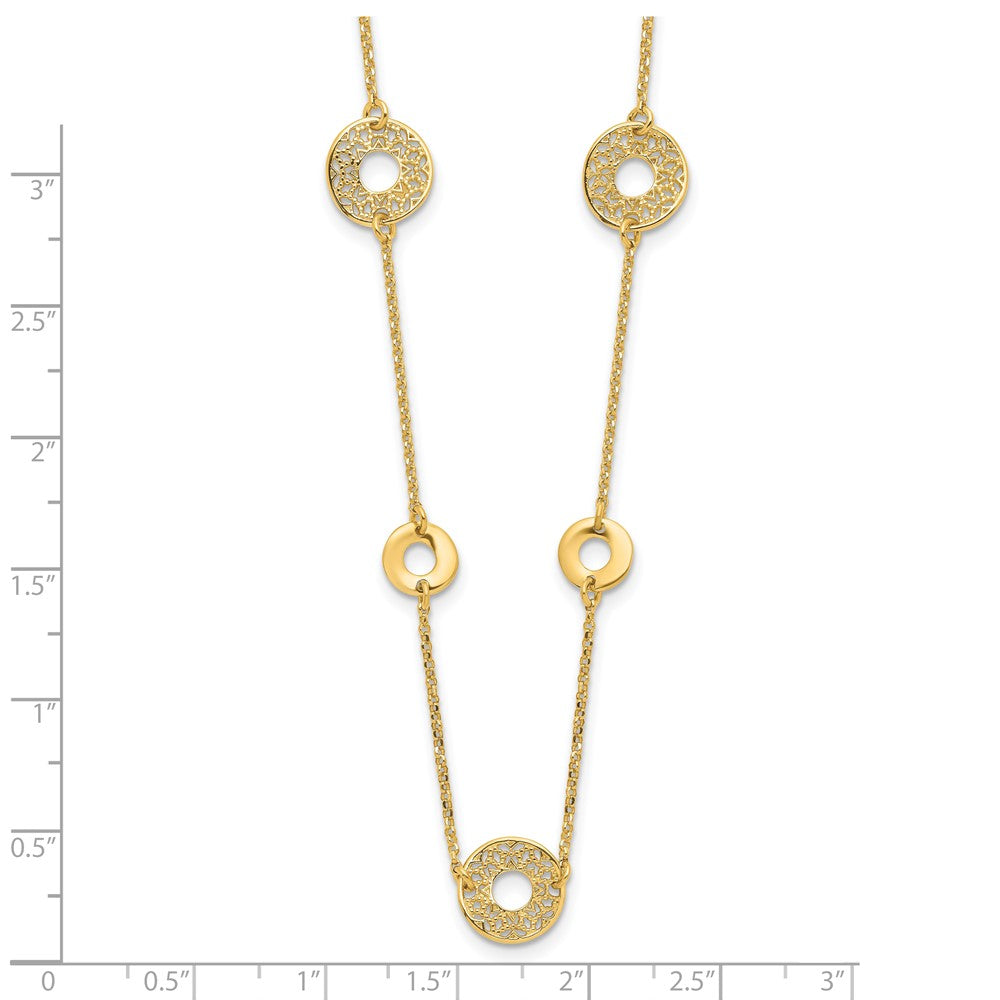 14K Yellow Gold Polished And Filigree Circle Stations With 1In. Ext. Necklace