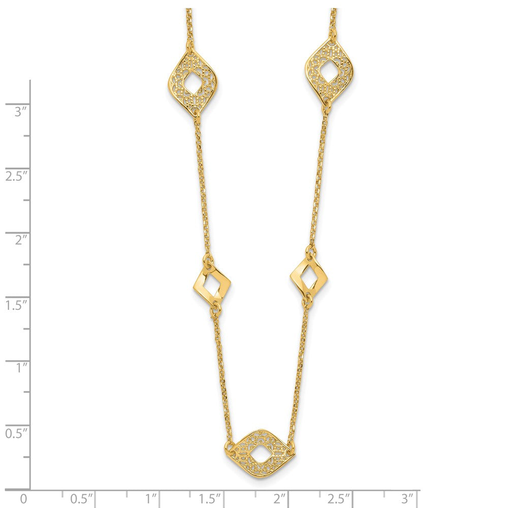 14K Yellow Gold Polished And Filigree Diamond Shape With 1In. Ext. Necklace