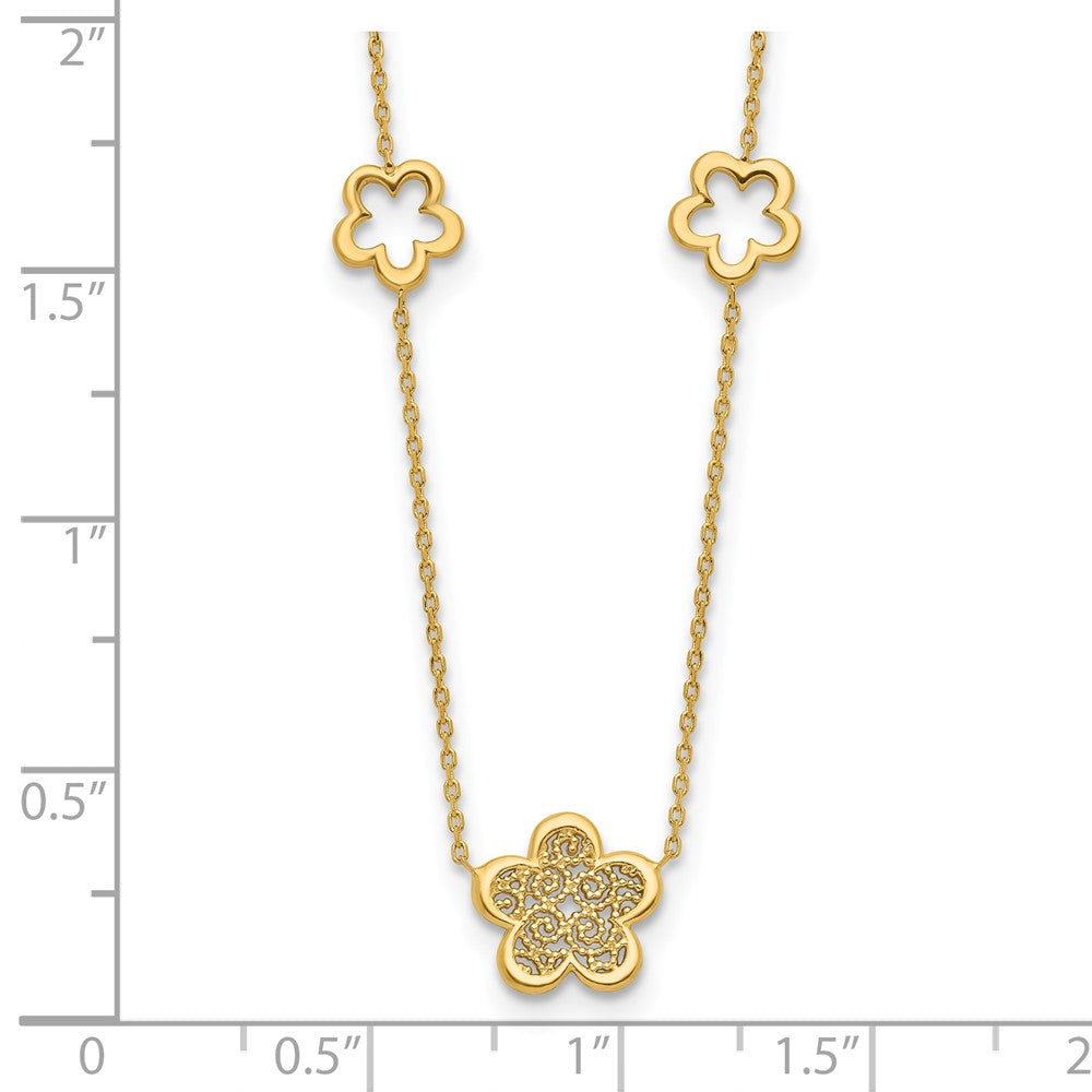 14K Yellow Gold Polished And Filigree Flower Stations With 1In. Ext. Necklace