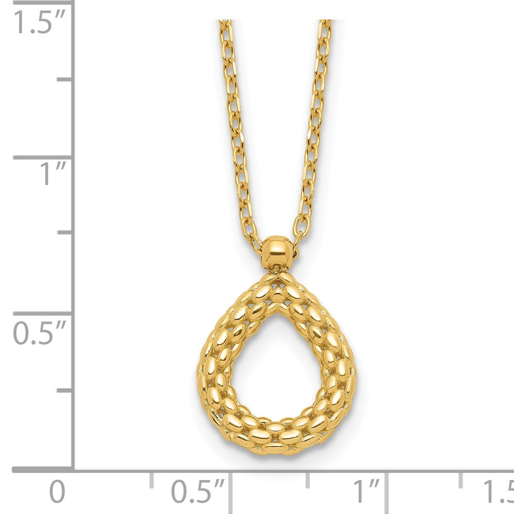 14K Yellow Gold Polished And Textured Teardrop With .5In Ext. Necklace