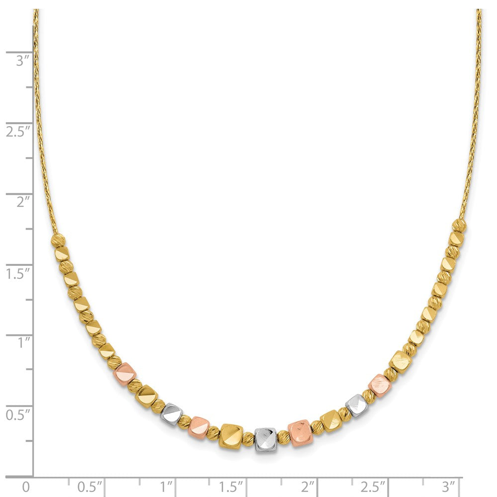 14K Tri Color Polished / Dc Square Beads 1In Ext. Necklace