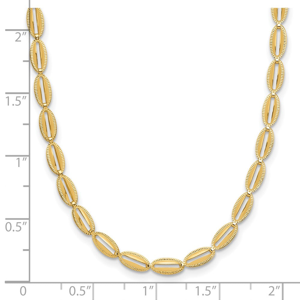 14K Yellow Gold Polished And Textured Fancy Oval Link Necklace