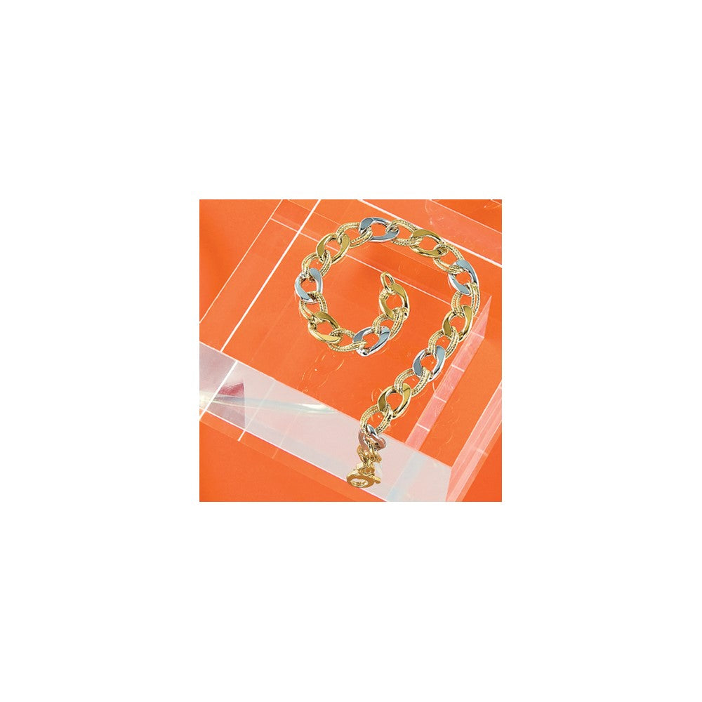 14K Two Tone Polished And Textured Fancy Link Bracelet