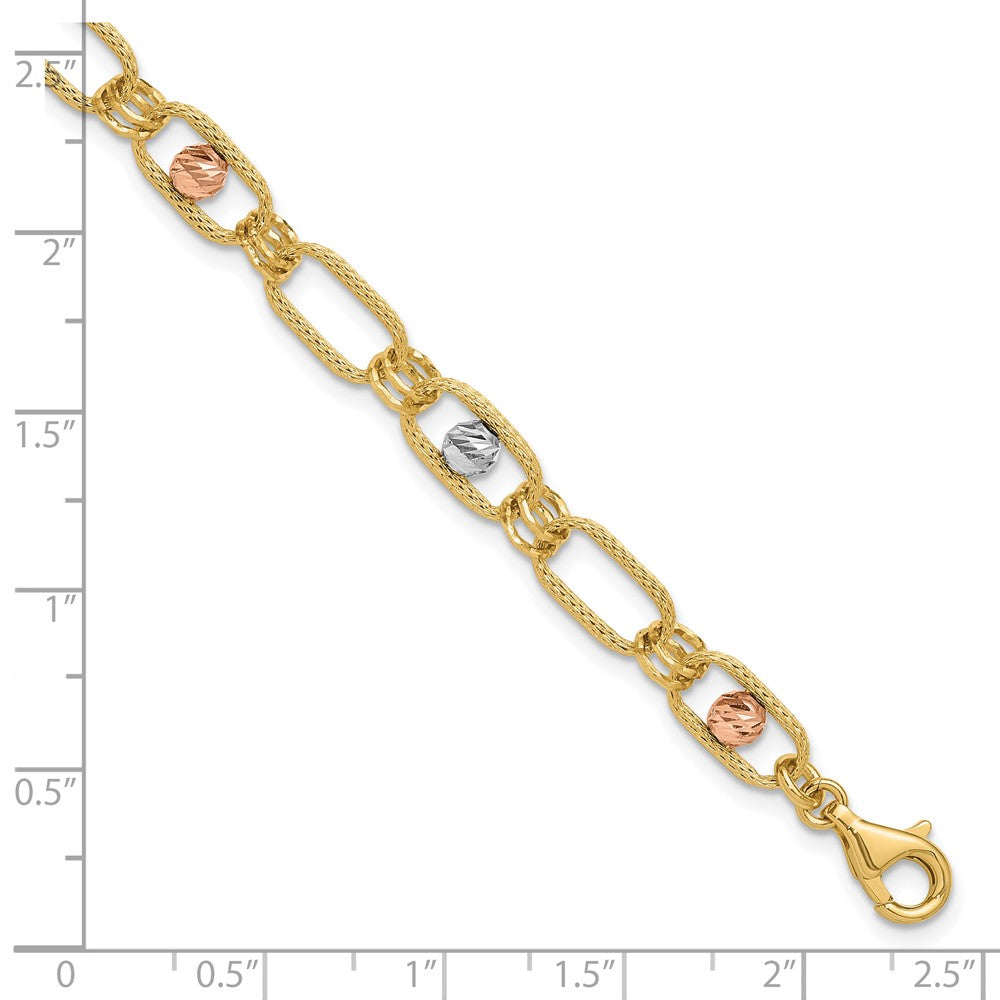 14K Tri Color Polished/Textured/Dia Cut Fancy Link Bracelet