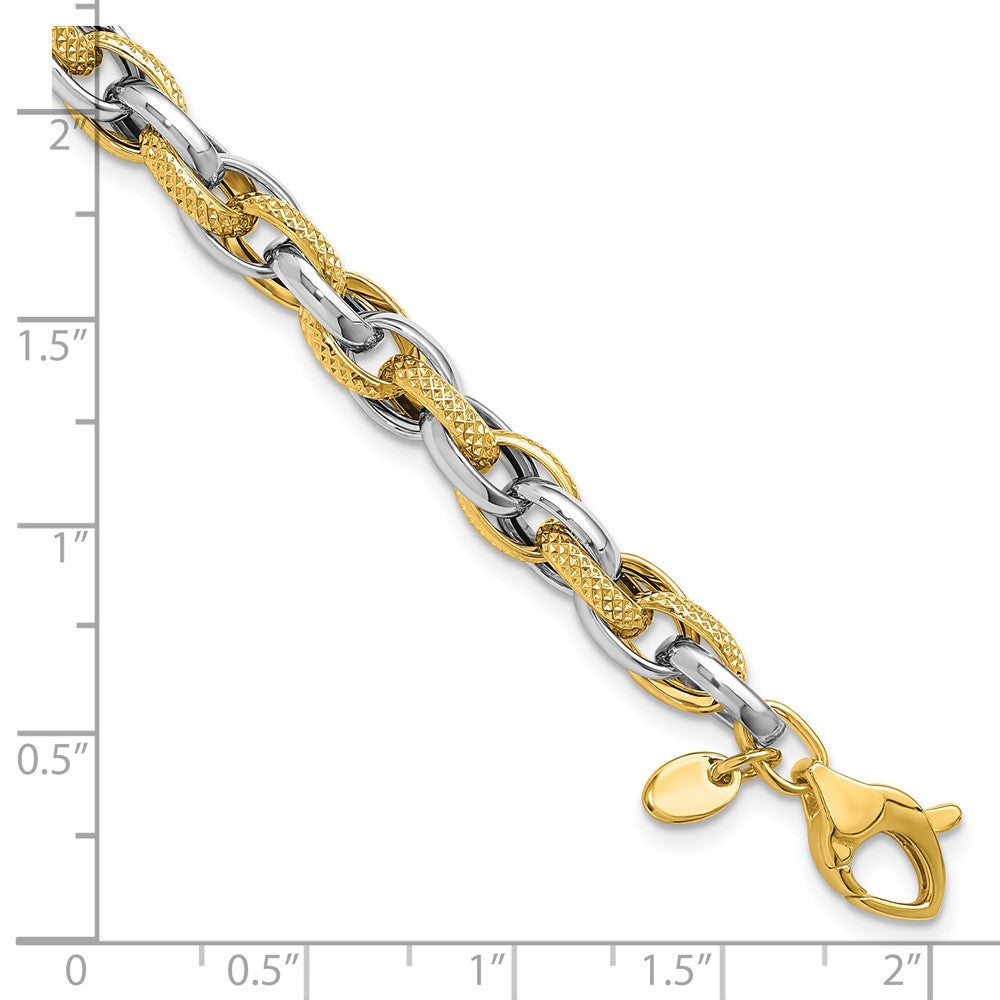 14K Two Tone Polished And Textured Fancy Link Bracelet
