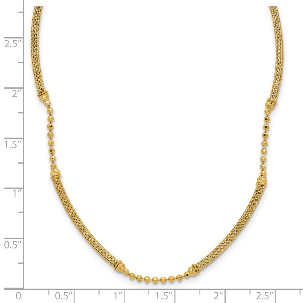 14K Yellow Gold Polished Textured And Dia Cut Beaded Bars Necklace