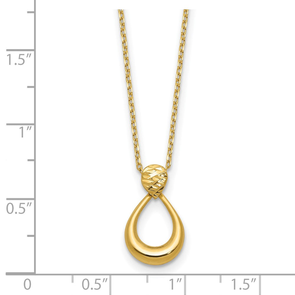 14K Yellow Gold Polished / Dia Cut Open Teardrop 2In Ext. Necklace
