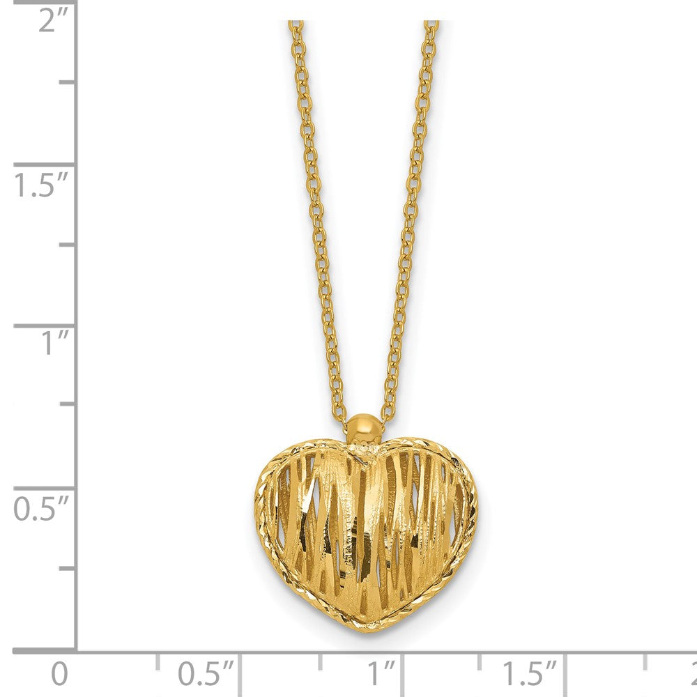 14K Yellow Gold Polished / Dia Cut Puffed Heart 2In Ext. Necklace