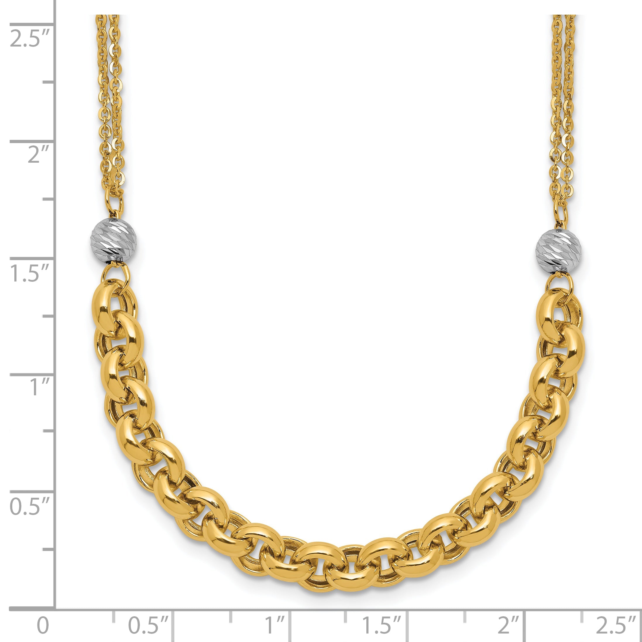 14K Yellow & Rhodium White Rh Polished D/C 2 Strand Rolo Link Necklace