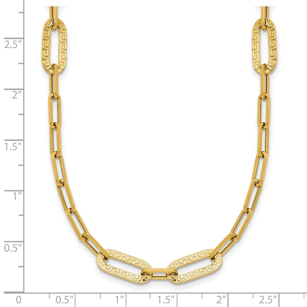 14K Yellow Gold Polished Textured Greek Key Paperclip Link Necklace