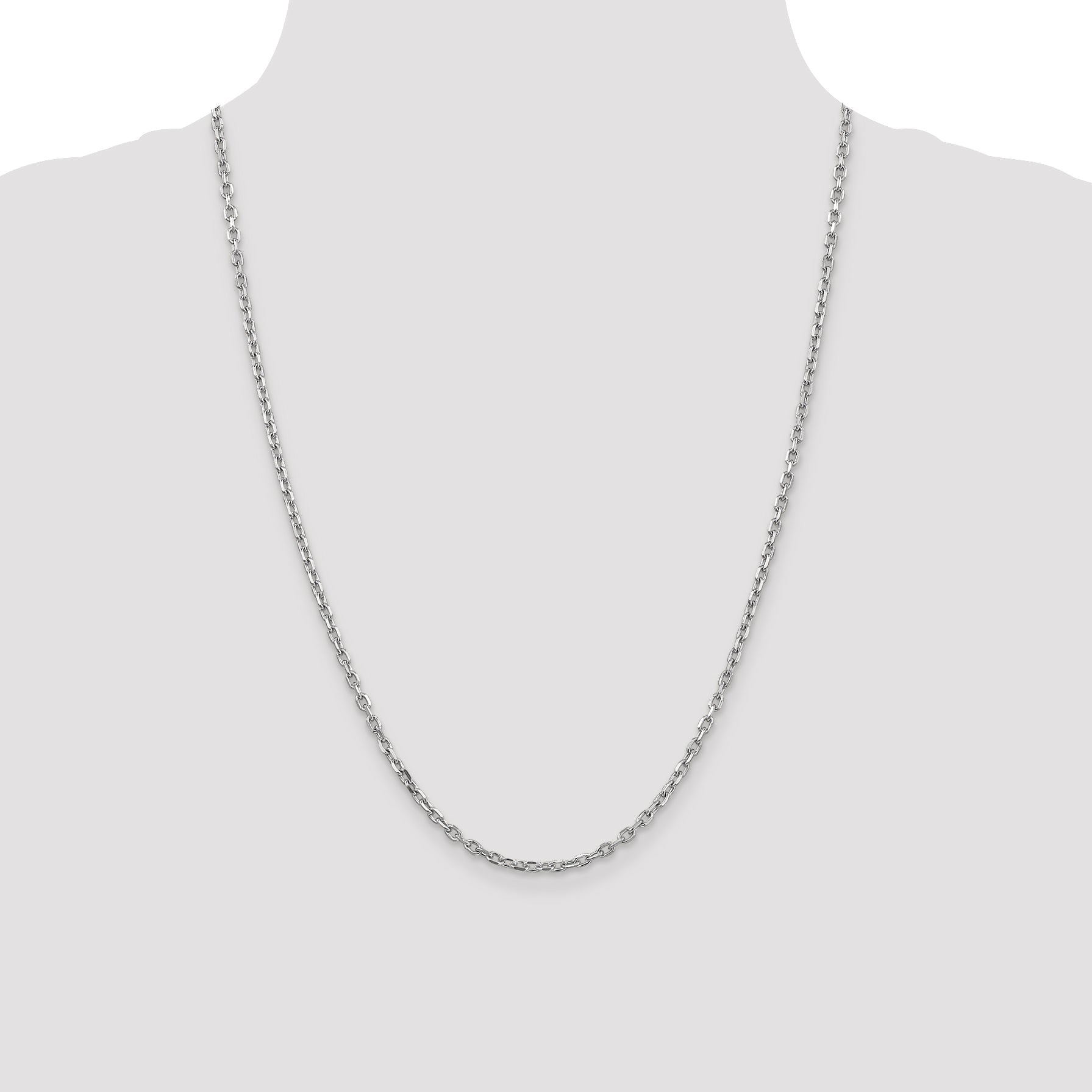 14K White Gold 24 Inch 3mm Diamond-Cut Round Open Link Cable With Lobster Clasp Chain Necklace