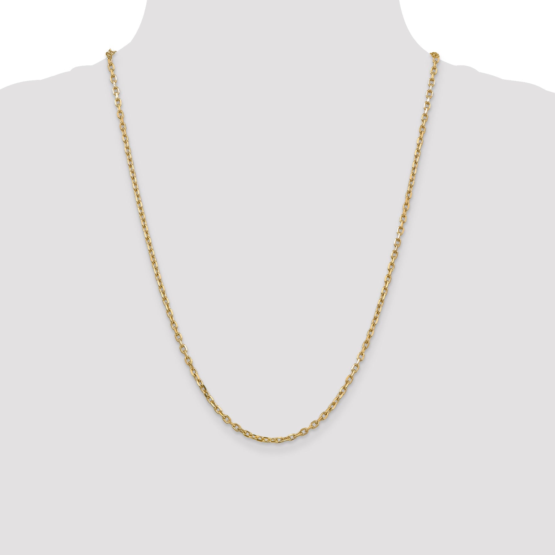 14K Yellow Gold 24 Inch 3mm Diamond-Cut Round Open Link Cable With Lobster Clasp Chain Necklace