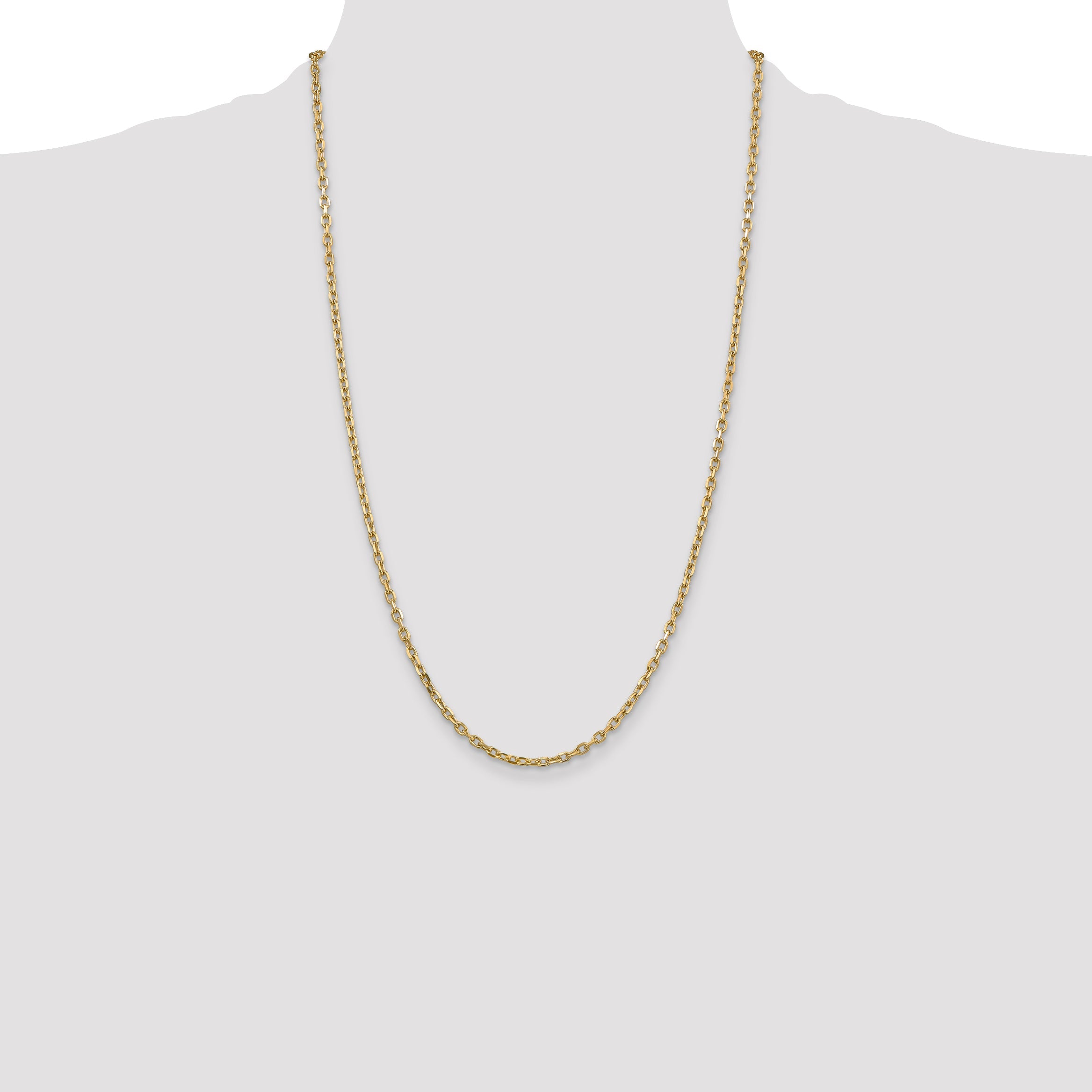 14K Yellow Gold 26 Inch 3mm Diamond-Cut Round Open Link Cable With Lobster Clasp Chain Necklace