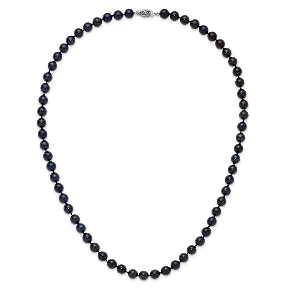 14K White Gold 7 8mm Black Round Akoya Saltwater Cultured Pearl 20 Inch Necklace