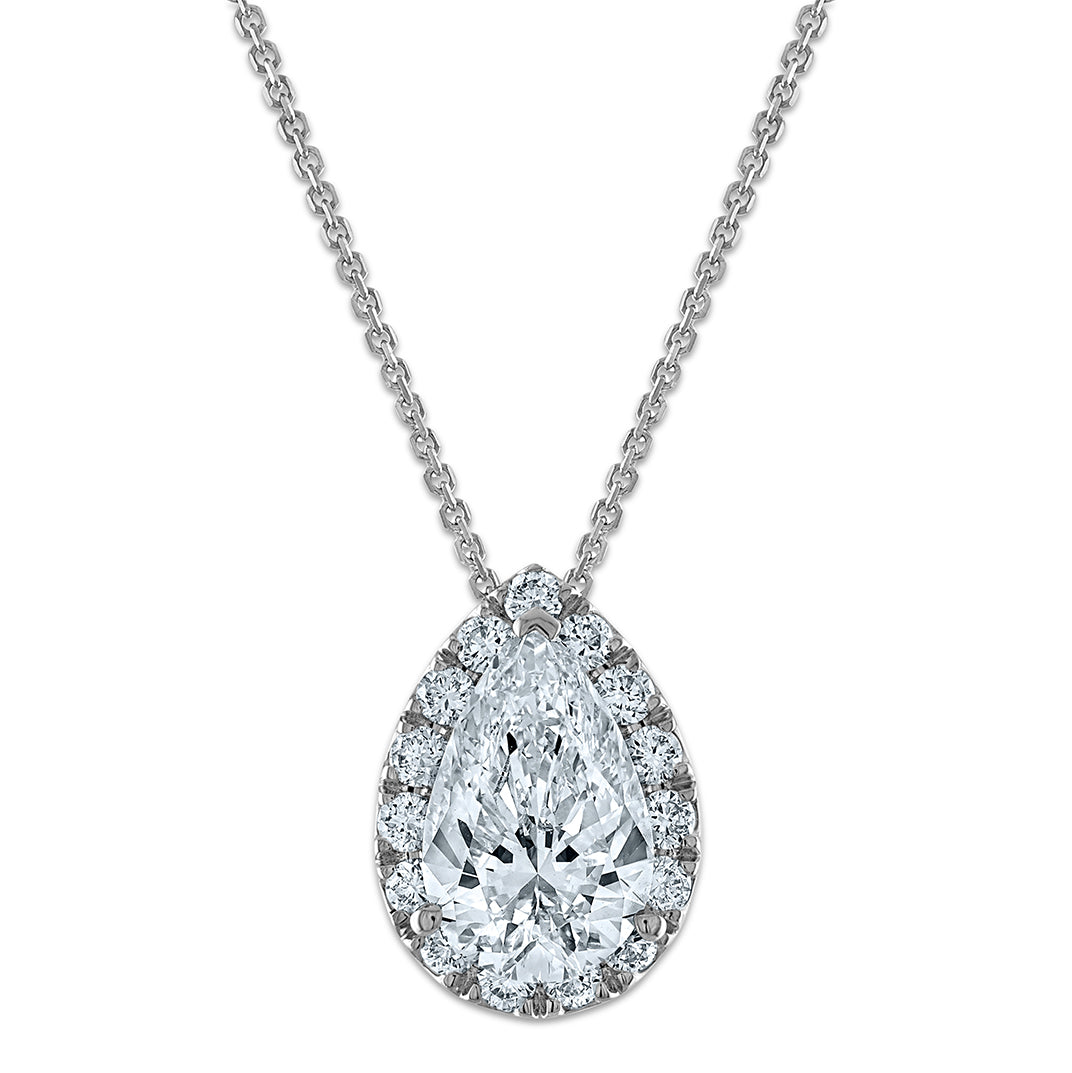 14k White Gold 2 3/8 Ct. Certified Lab Grown Diamond VS/SI+ G+ 18 inch Pear Halo Pendant Necklace