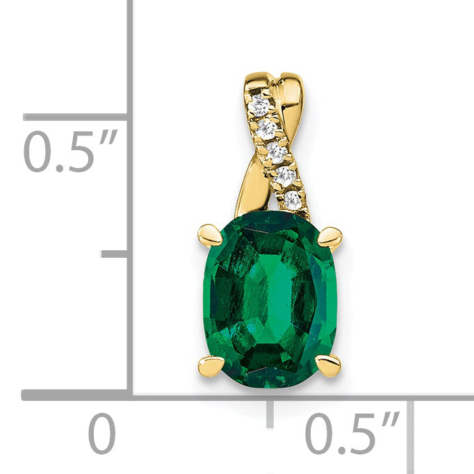 10K Yellow Gold Oval Created Emerald And Diamond Pendant