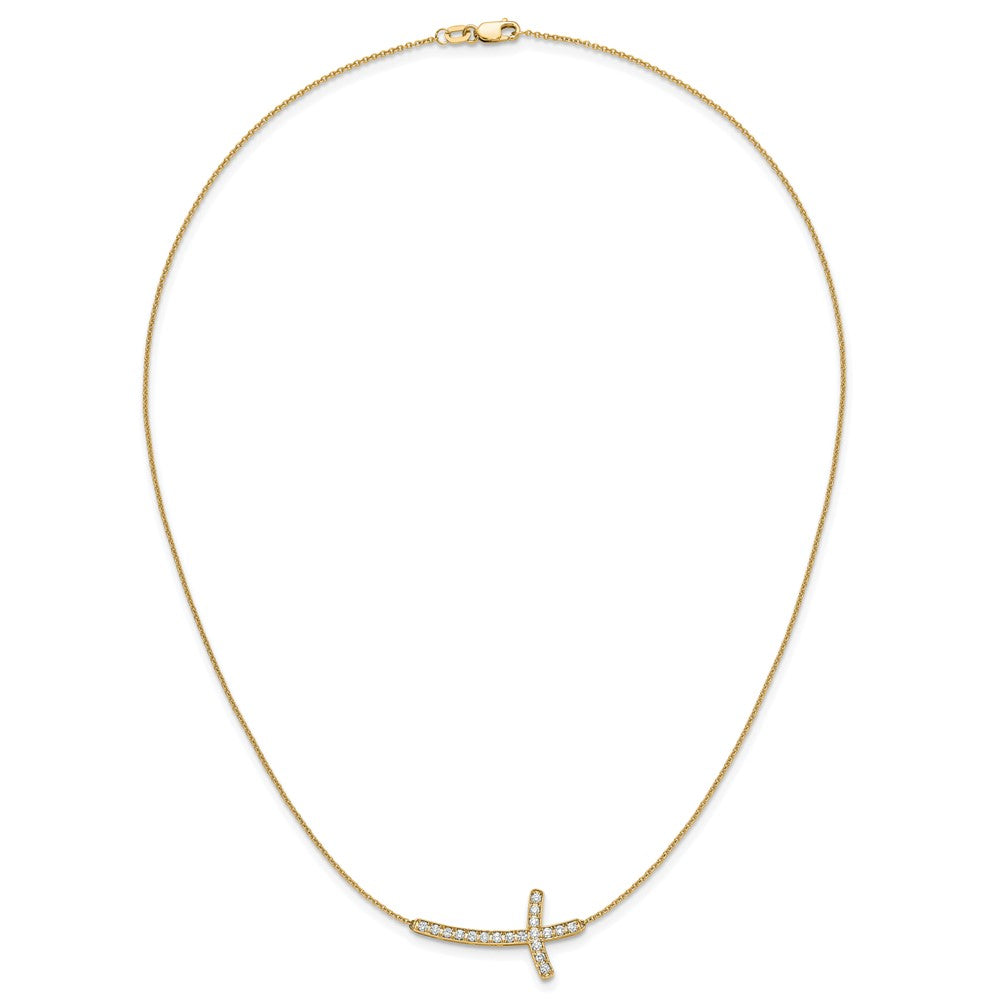 14K Yellow Gold Real Diamond Sideways Cross 18in Necklace