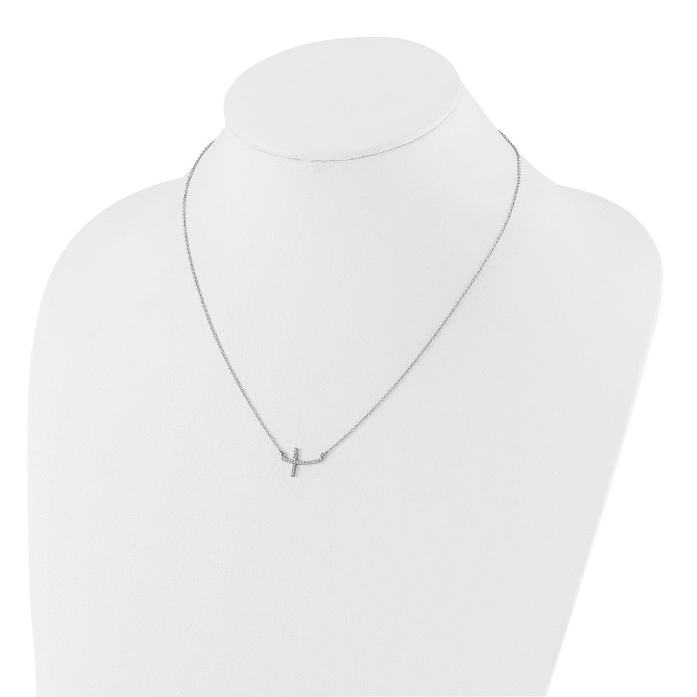 14k White Gold Real Diamond Sideways Cross 18 in. Necklace