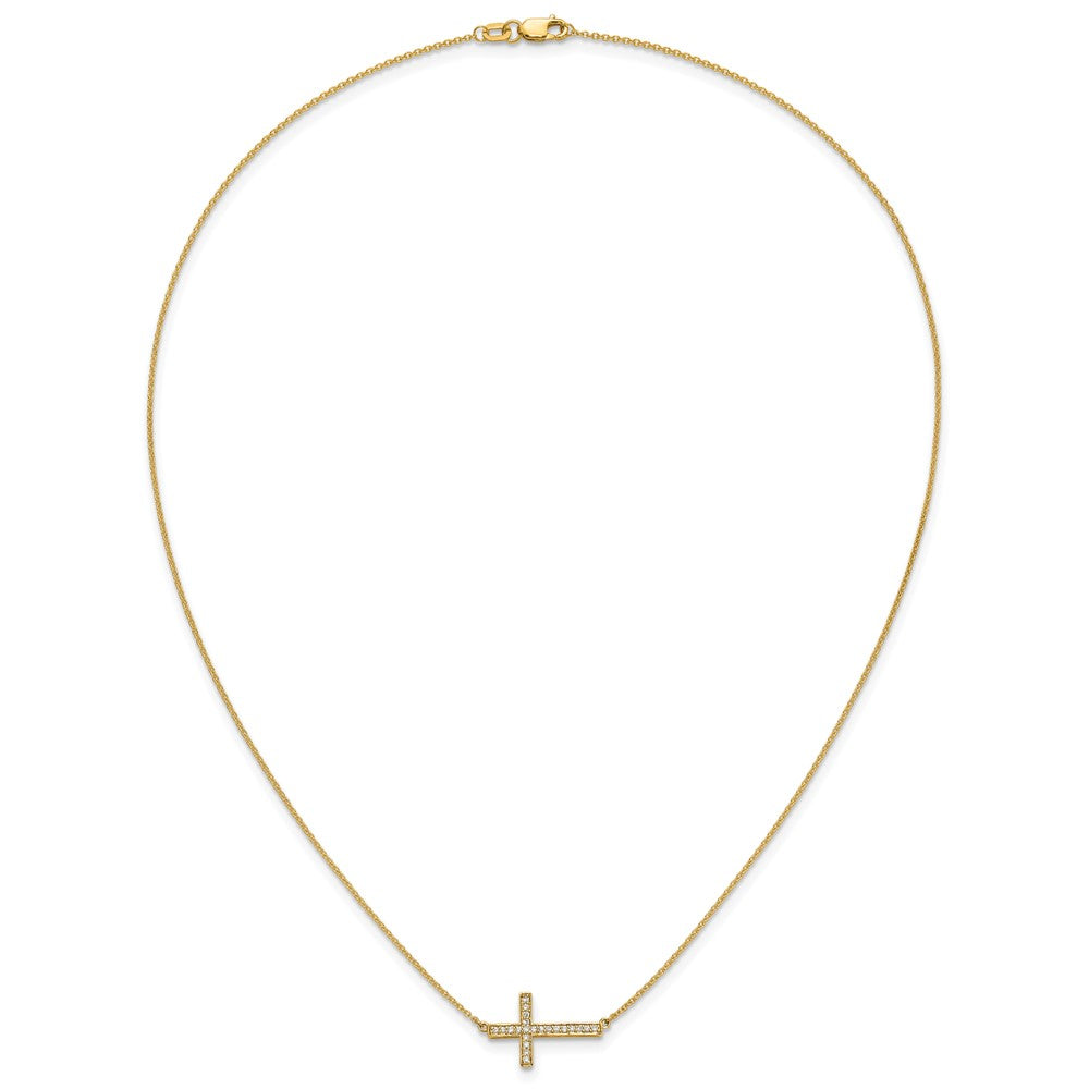 14K Yellow Gold Real Diamond Sideways Cross 18in Necklace