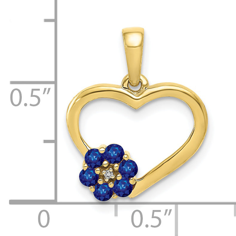 10K Yellow Gold Diamond And Sapphire Heart W/ Flower Pendant