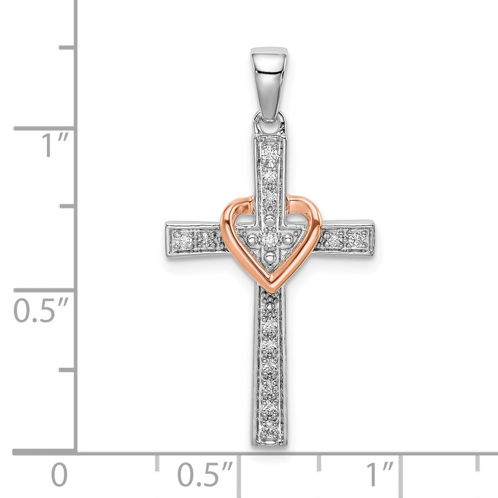 14k Two-tone Two Tone Rose and White Gold 1/8 Ct. Lab Grown Diamond VS/SI+ G+ Cross with Heart Pendant
