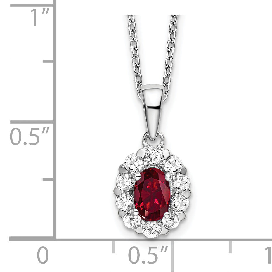 14k White Gold 1/2 Ct. Lab Grown Diamond VS/SI+ G+ and Oval Lab Created Ruby 18 inch Halo Pendant Necklace