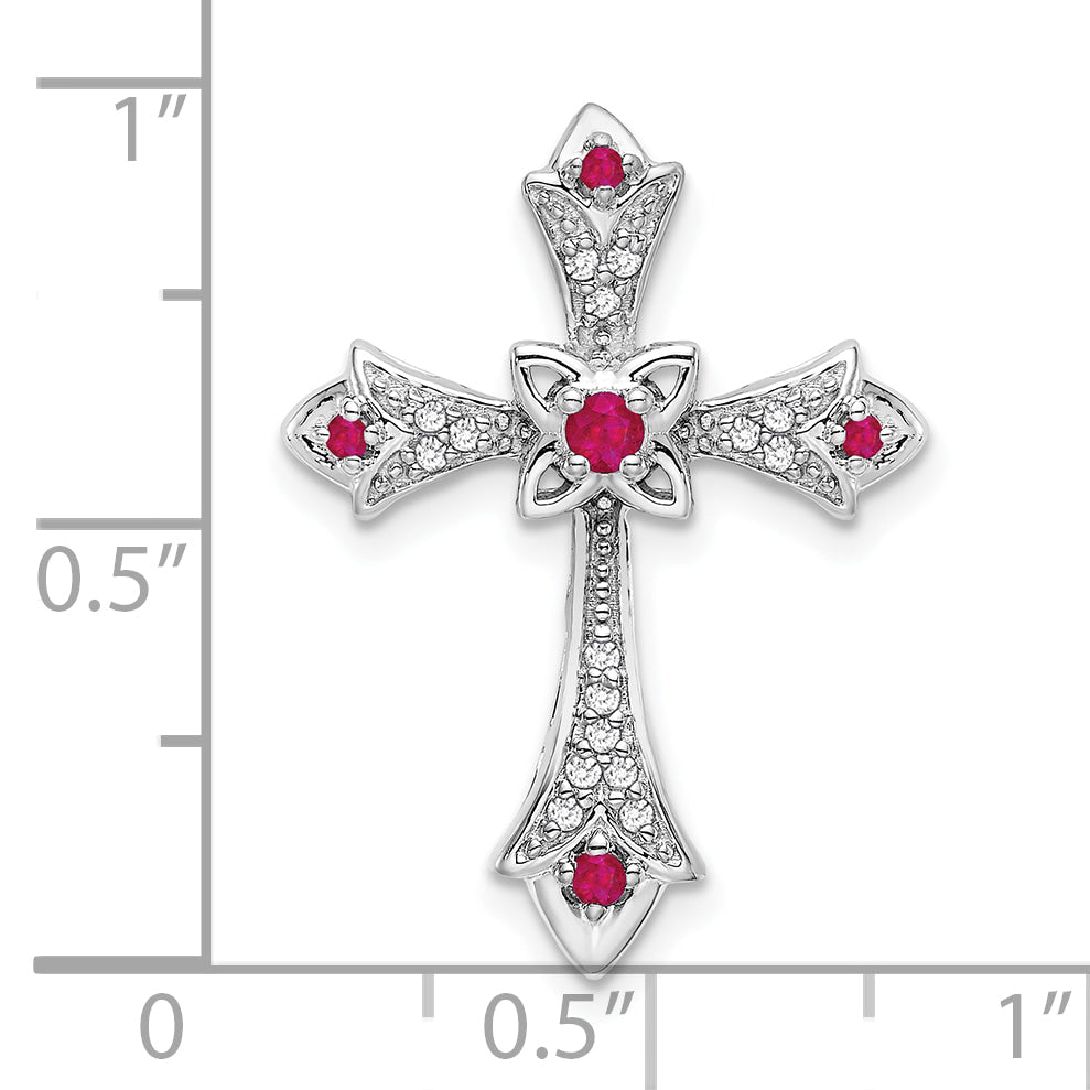 10K White Gold 10K Ruby And Diamond Fleur De Lis Cross Chain Slide
