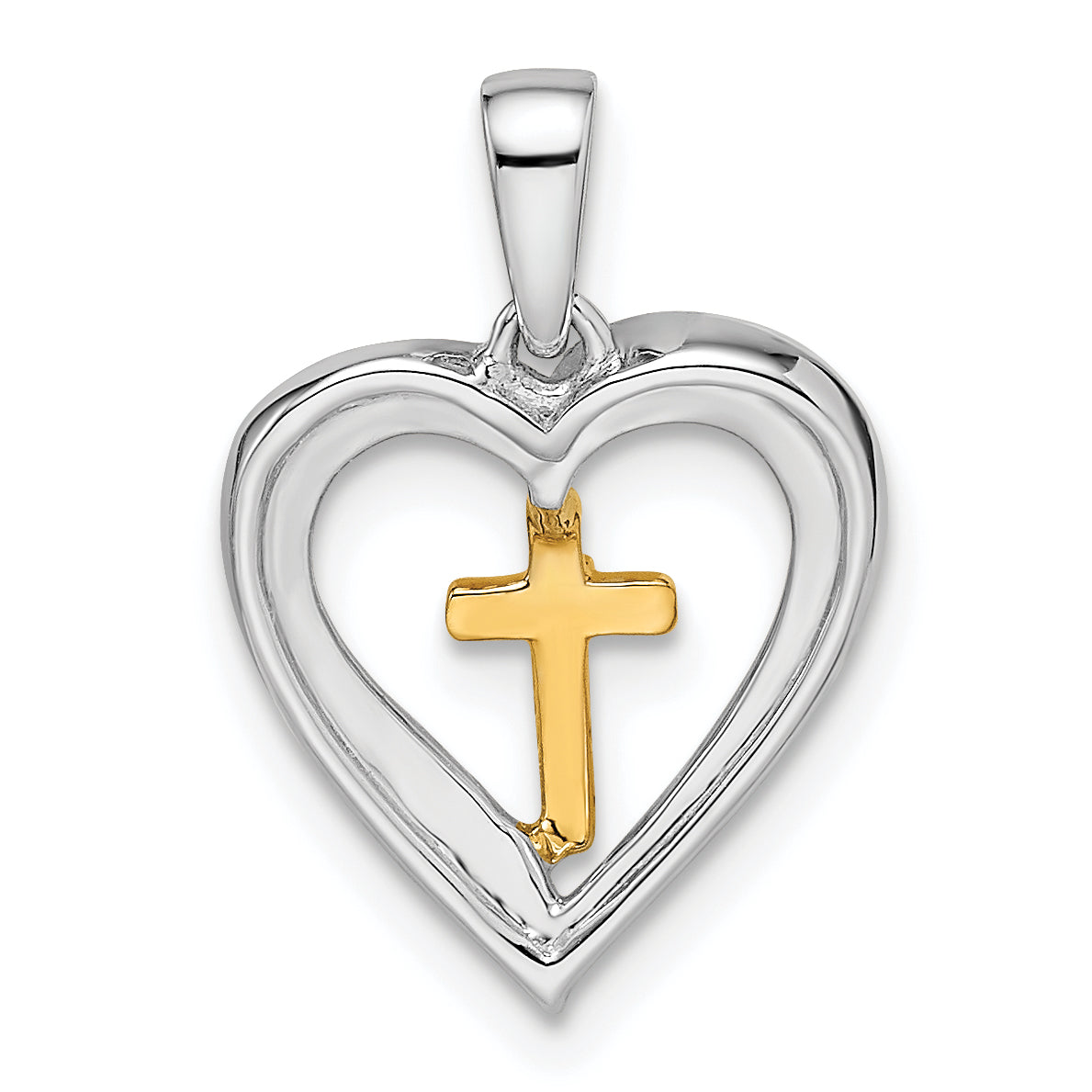 14K Two Tone Heart With Cross Diamond Pendant