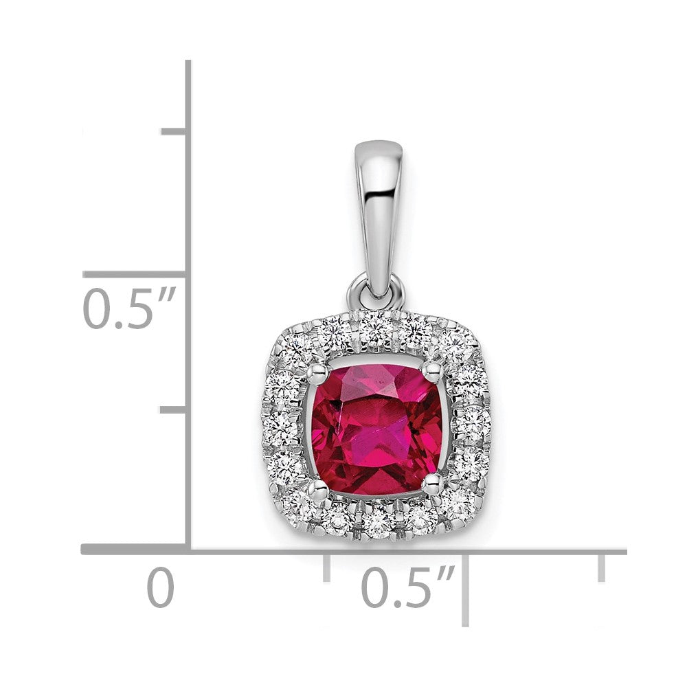 14k White Gold 1/4 Ct. Lab Grown Diamond VS/SI+ G+ July Birthstone Lab Created Ruby Halo Pendant