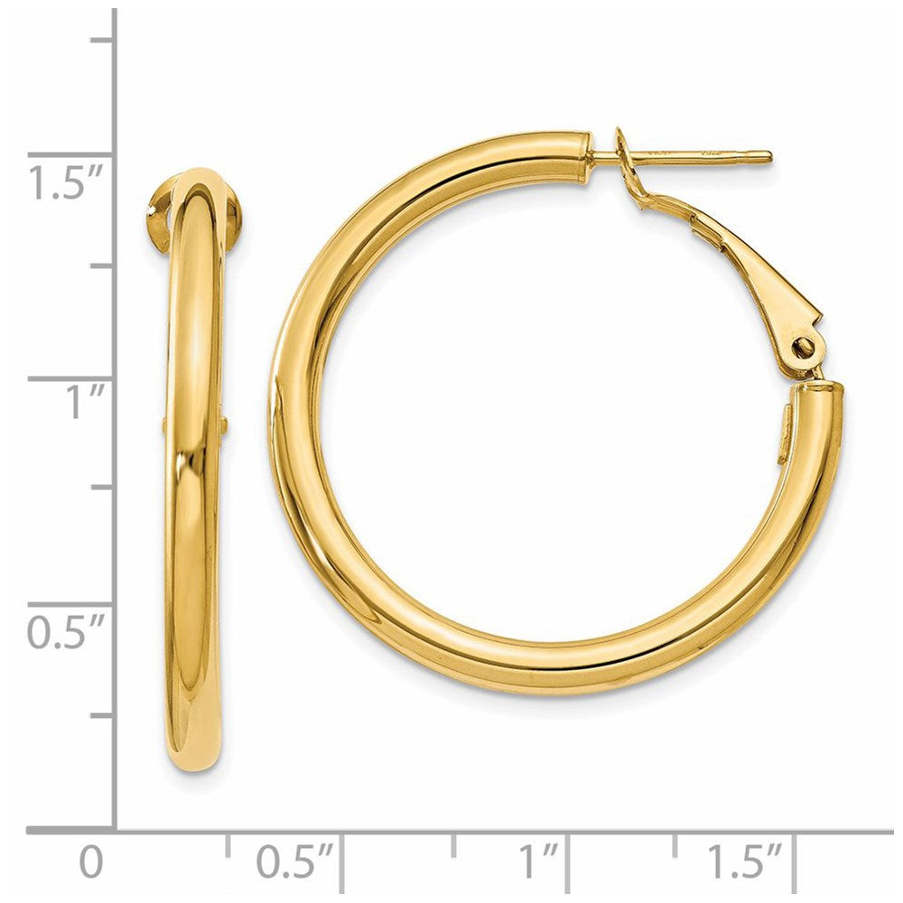 14K Yellow Gold 3X25mm Polished Round Omega Back Hoop Earrings