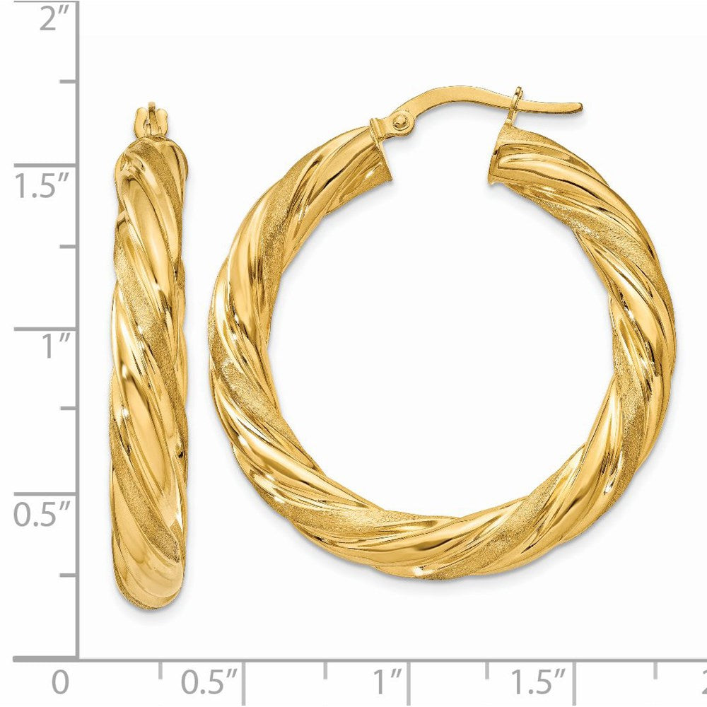 14K Yellow Gold 5mm Satin & Polished Twisted Hoop Earrings