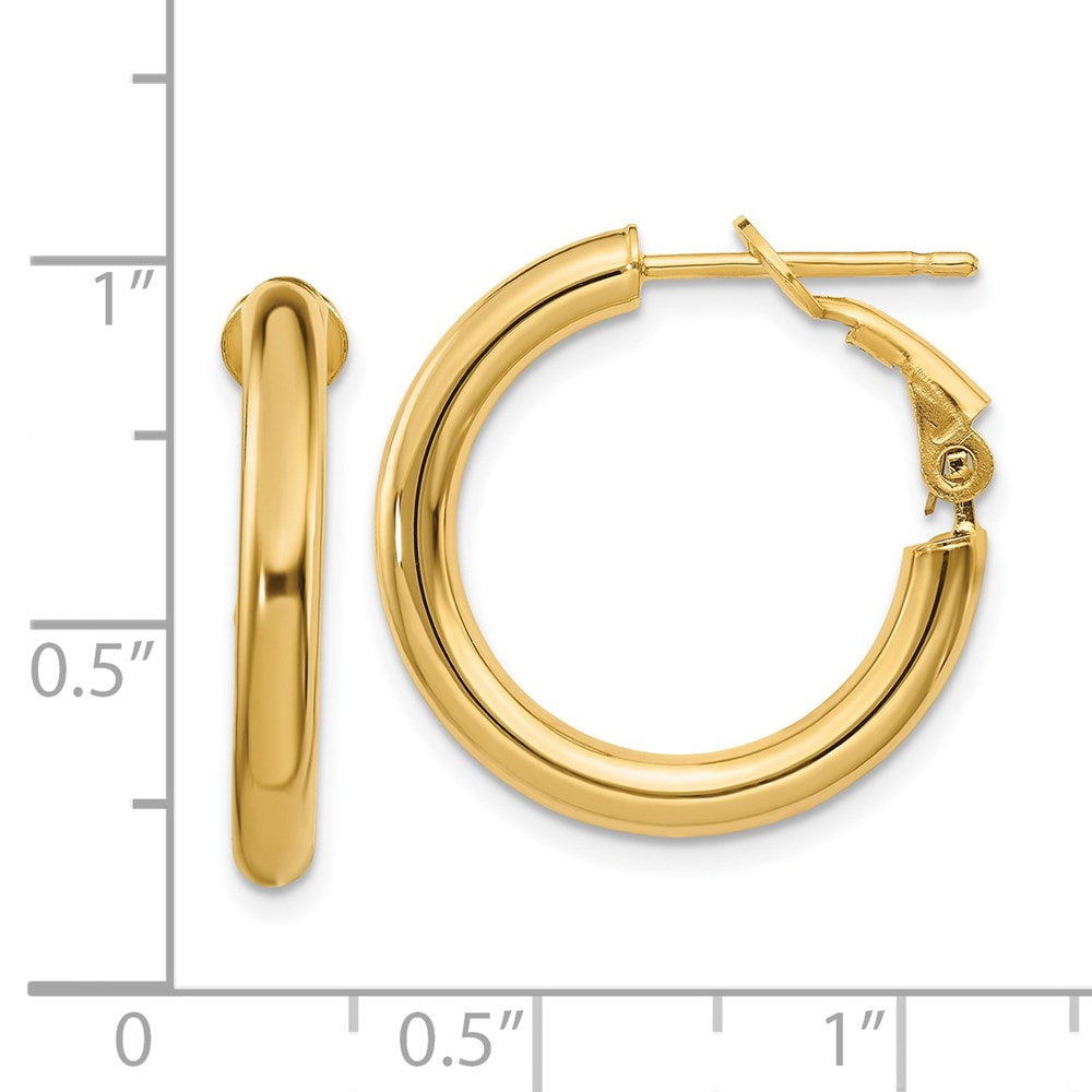 14K Yellow Gold 3X15mm Polished Round Omega Back Hoop Earrings