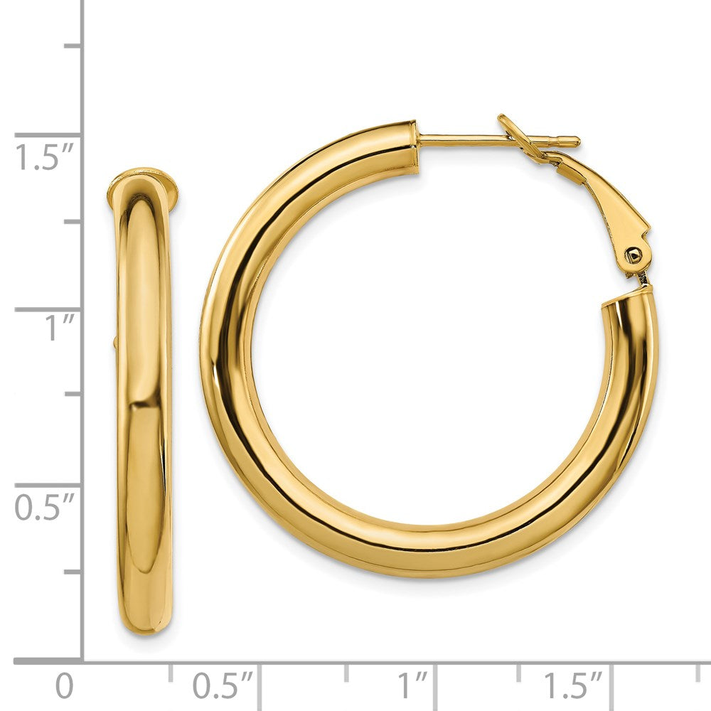 14K Yellow Gold 4X25mm Polished Round Omega Back Hoop Earrings
