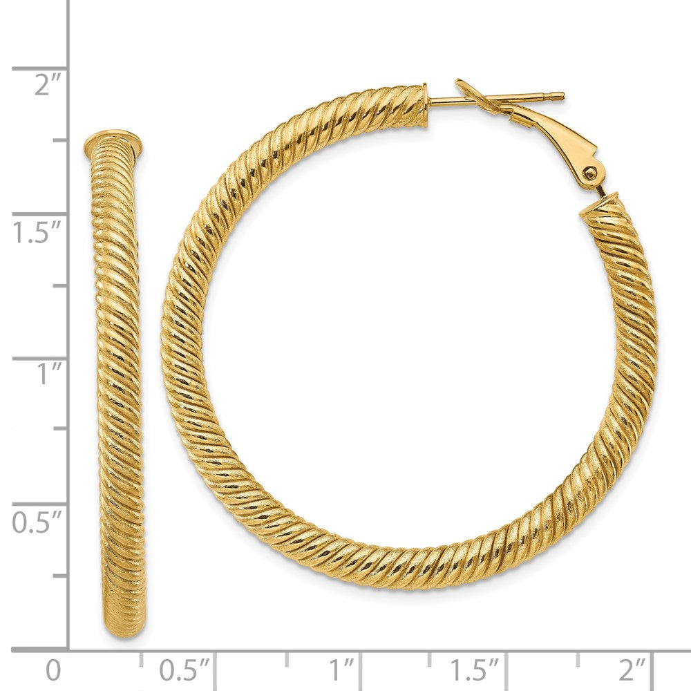 14K Yellow Gold 4X35mm Twisted Round Omega Back Hoop Earrings