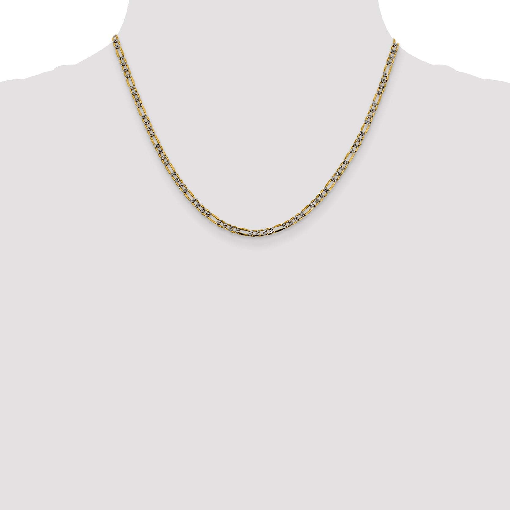 14K Yellow & Rhodium 18 Inch 3.2mm Semi-Solid With Pav Figaro Lobster Clasp Chain Necklace