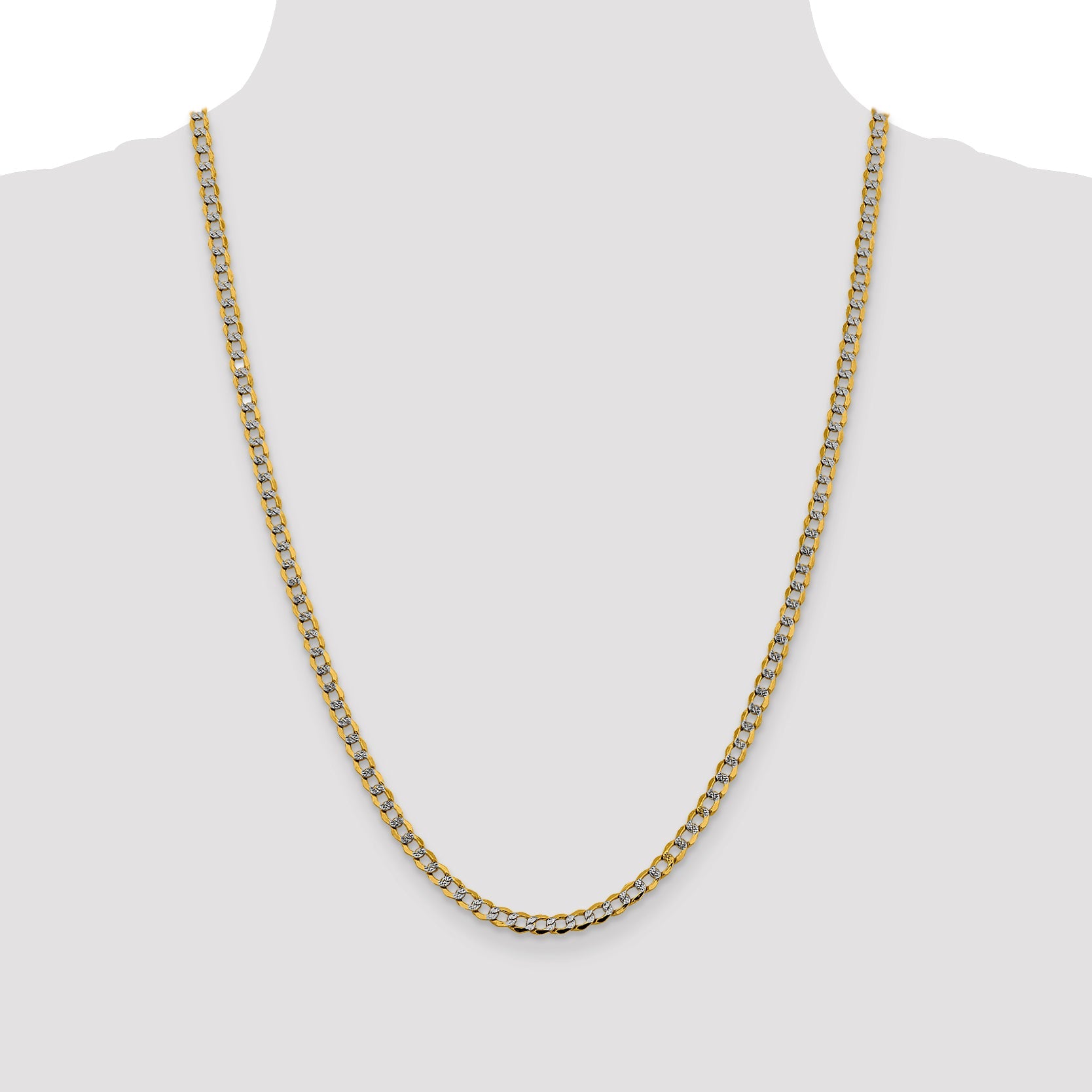 14K Yellow & Rhodium 24 Inch 4.3mm Semi-Solid With Pav Curb Lobster Clasp Chain Necklace