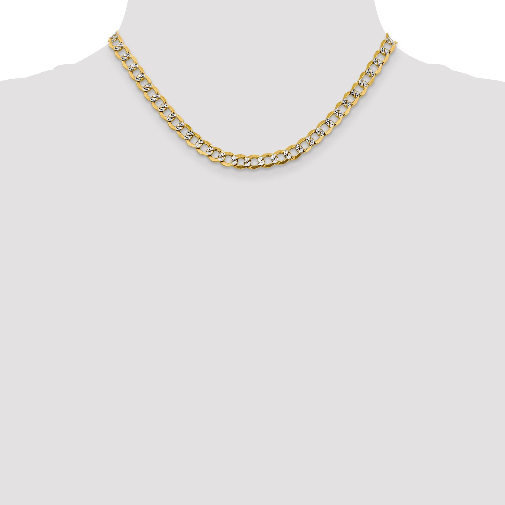 14K Yellow & Rhodium 16 Inch 6.75mm Semi-Solid With Pav Curb Lobster Clasp Chain Necklace