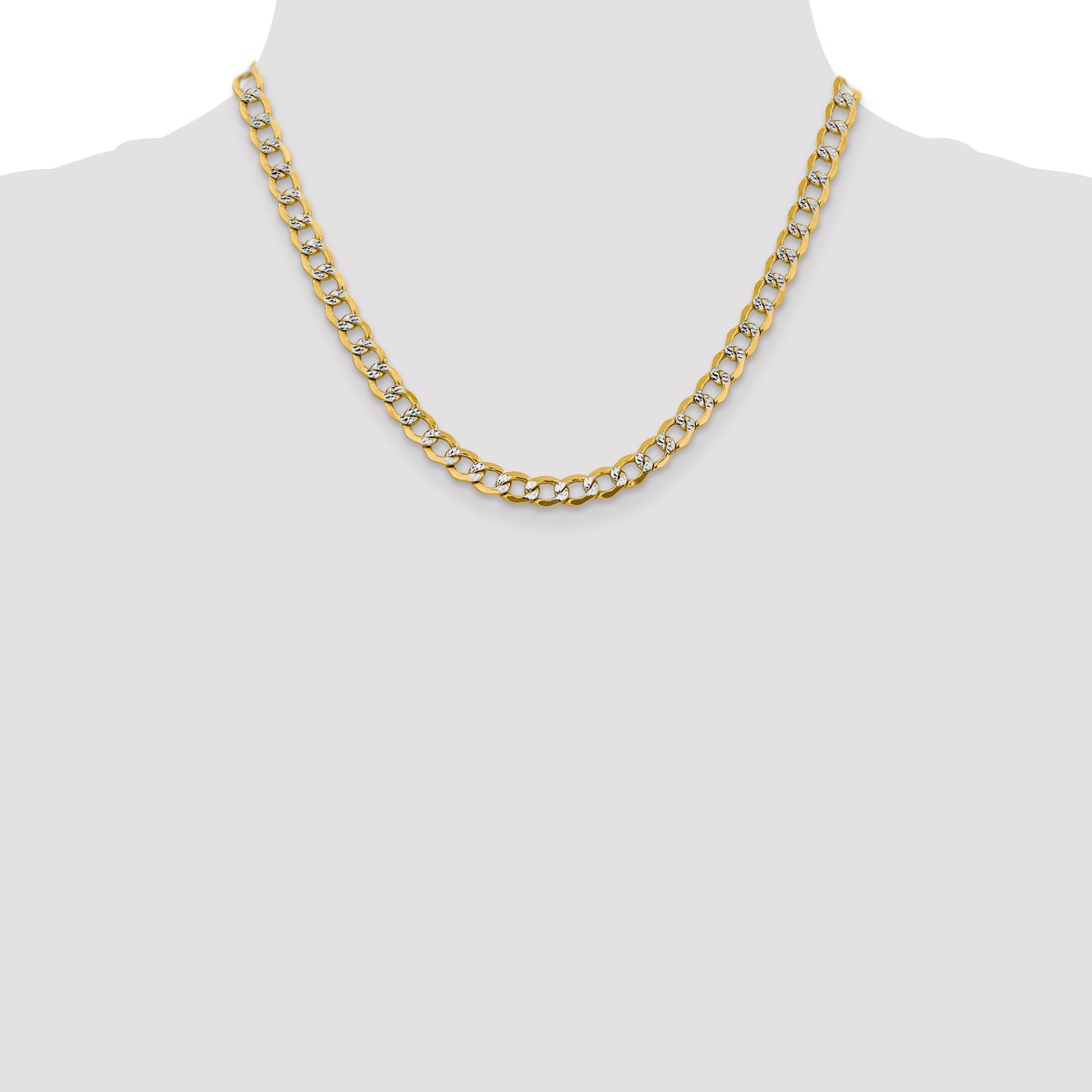 14K Yellow & Rhodium 18 Inch 6.75mm Semi-Solid With Pav Curb Lobster Clasp Chain Necklace