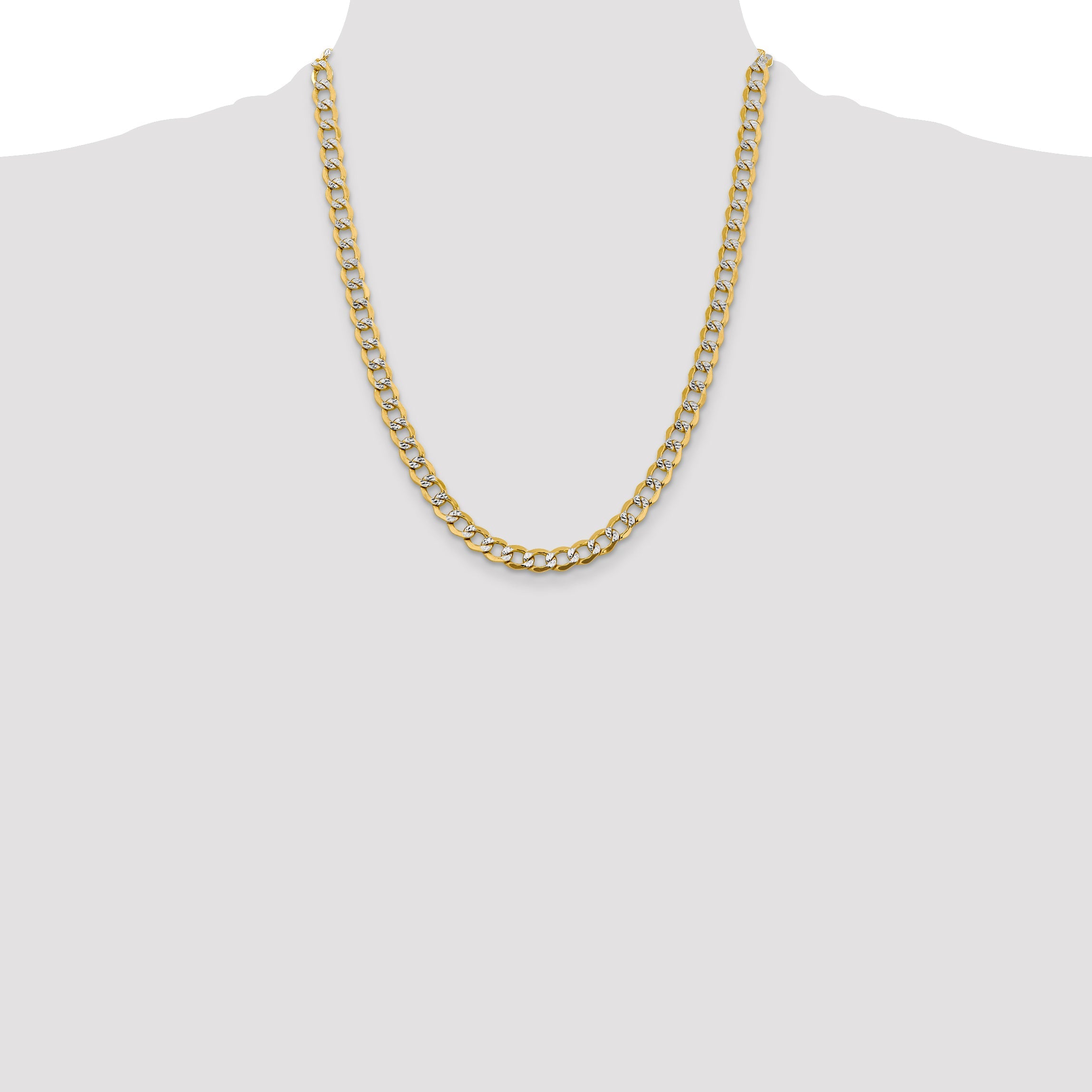 14K Yellow & Rhodium 22 Inch 6.75mm Semi-Solid With Pav Curb Lobster Clasp Chain Necklace