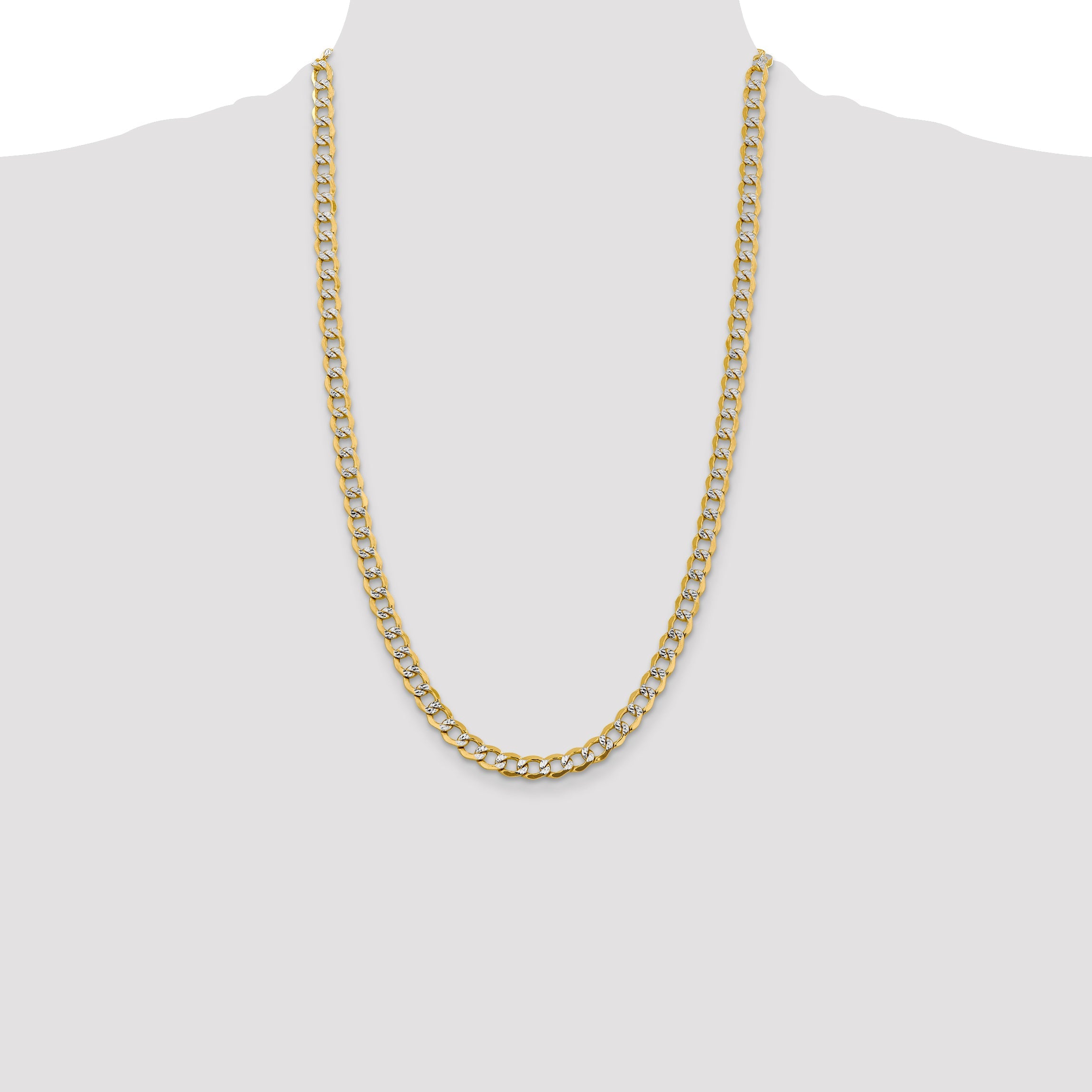 14K Yellow & Rhodium 26 Inch 6.75mm Semi-Solid With Pav Curb Lobster Clasp Chain Necklace