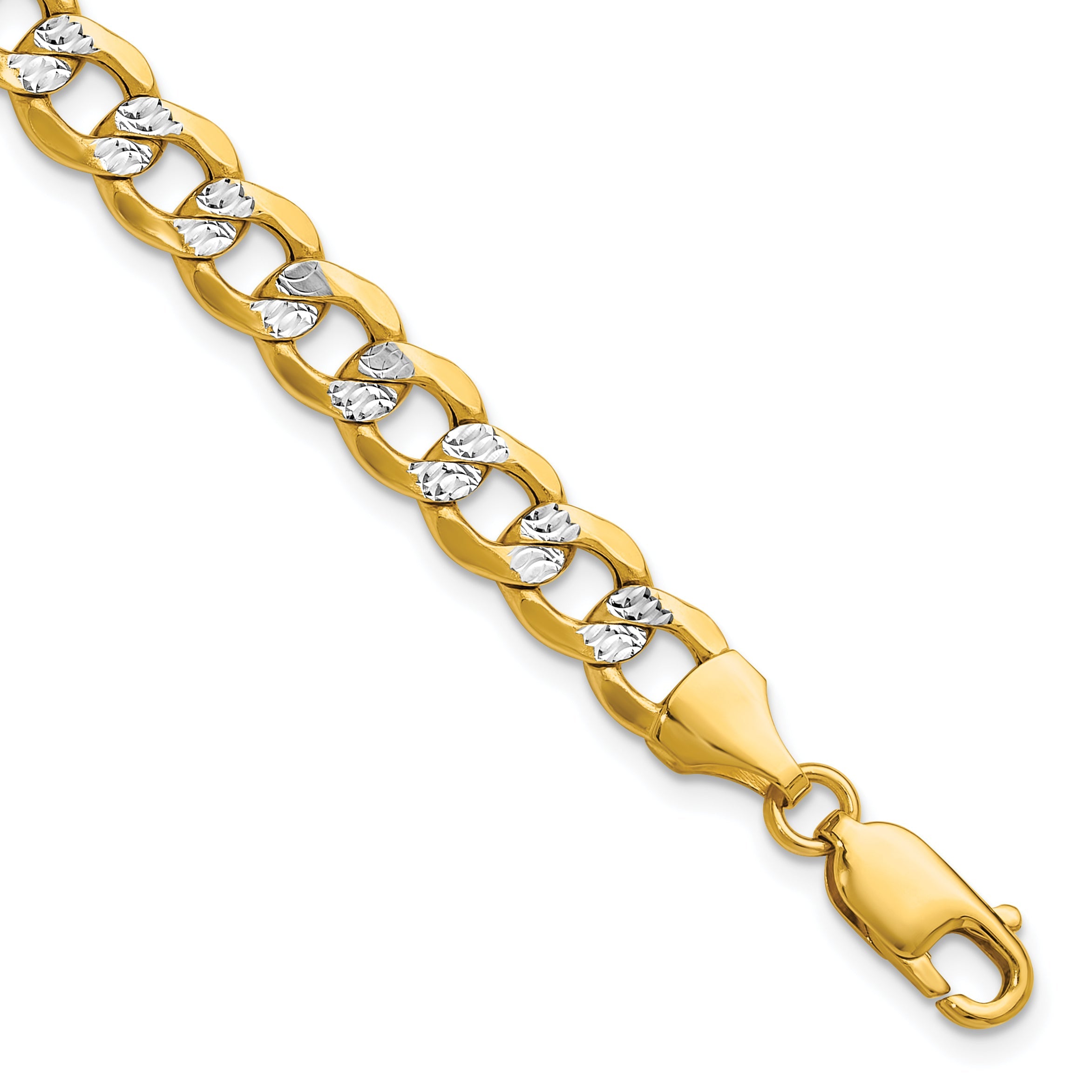 9 Inch 14K Yellow & Rhodium 7.1mm Semi-Solid With Pav Curb Chain Bracelet