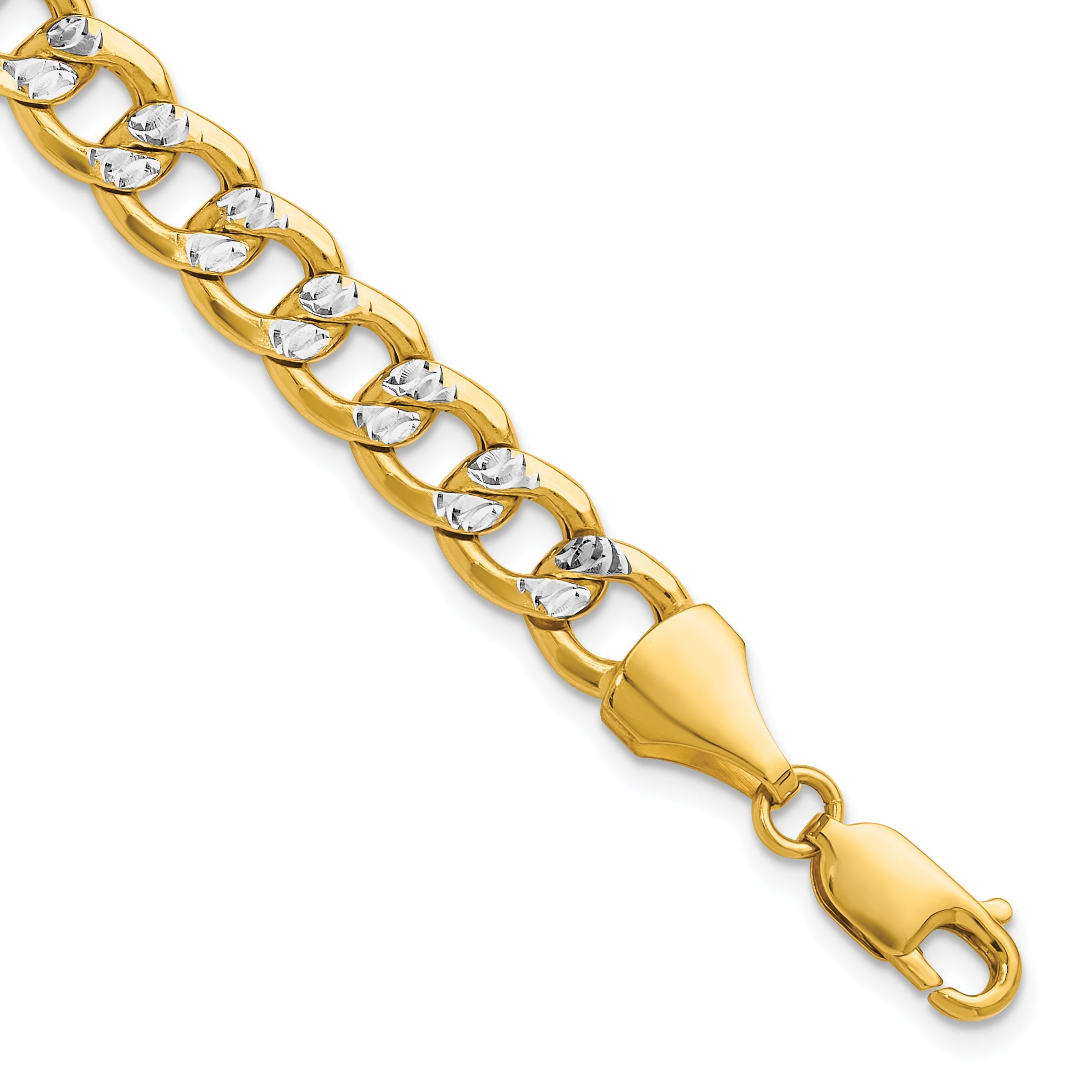 9 Inch 14K Yellow & Rhodium 7.75mm Semi-Solid With Pav Curb Chain Bracelet