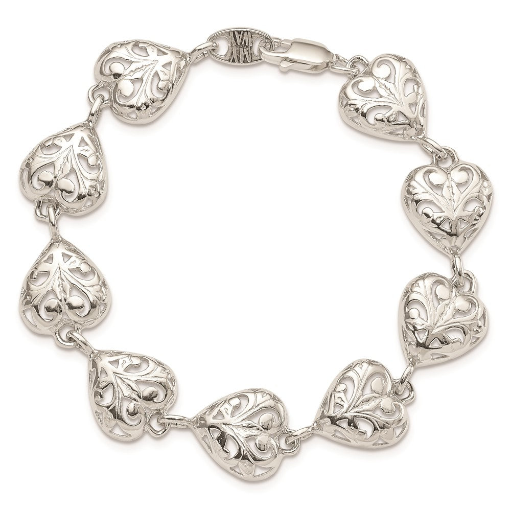 Sterling Silver Fancy Filigree Heart 7 Inch Bracelet