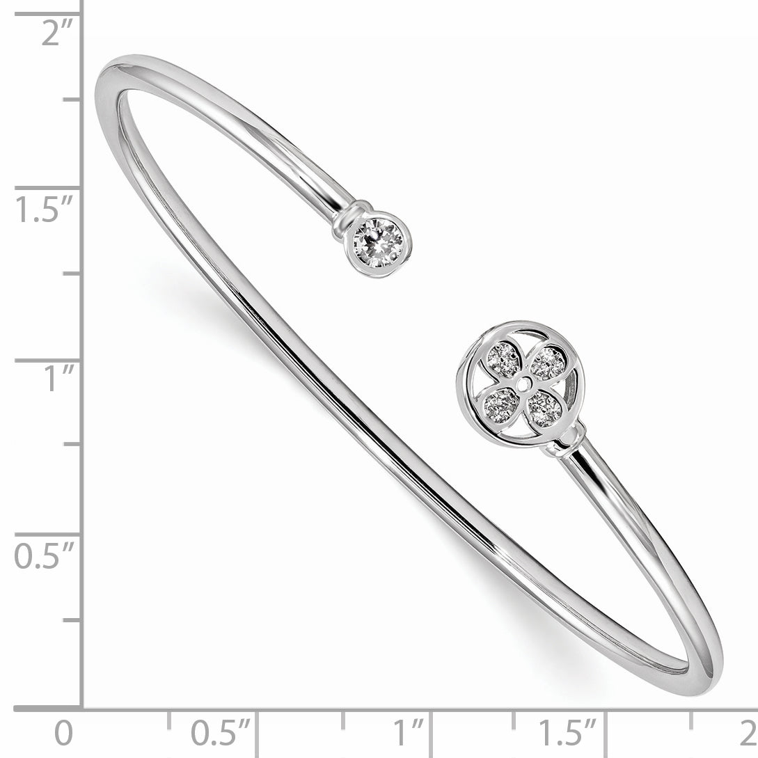 Sterling Silver Rhodium-Plated Cz Flower Cuff Bangle