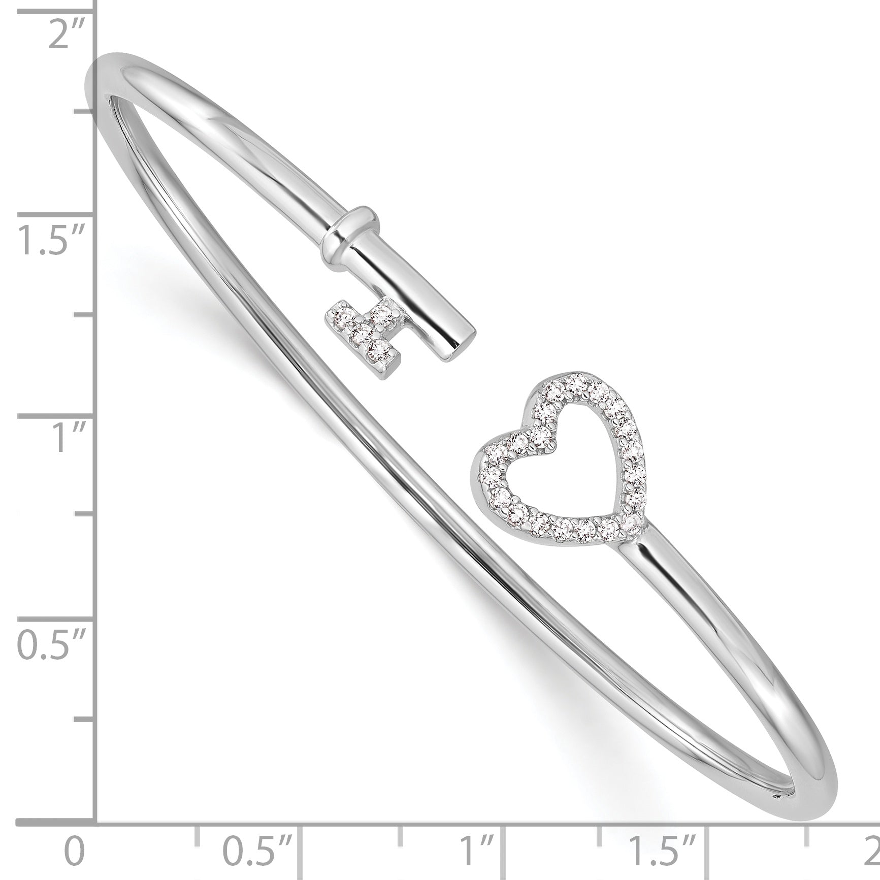 Sterling Silver Rhodium-Plated Cz Heart And Key Flexible Bangle