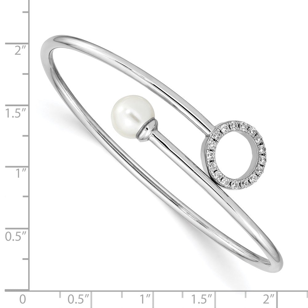 Sterling Silver Rh-Pl Imitation Shell Pearl And Cz Flexible Bangle